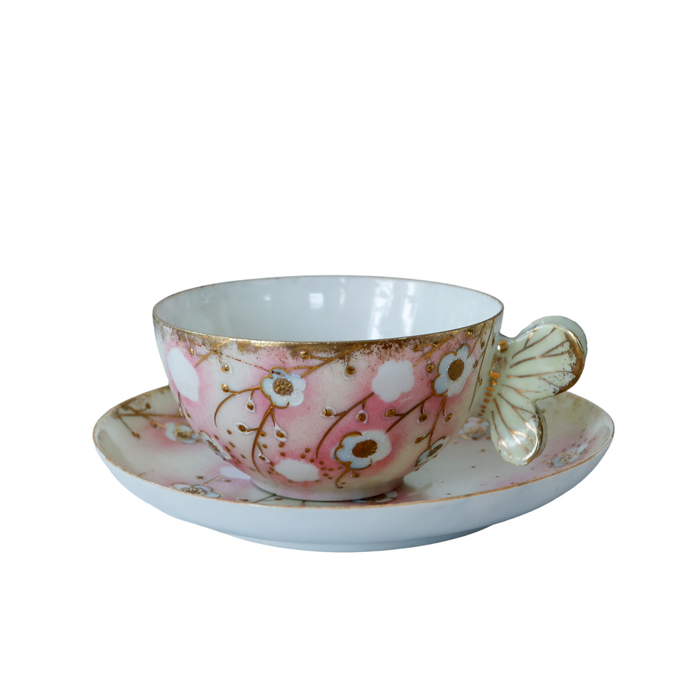 VTG Sakura Floral Butterfly Handle Teacup Set Grandmillennial Chinoiserie Retro
